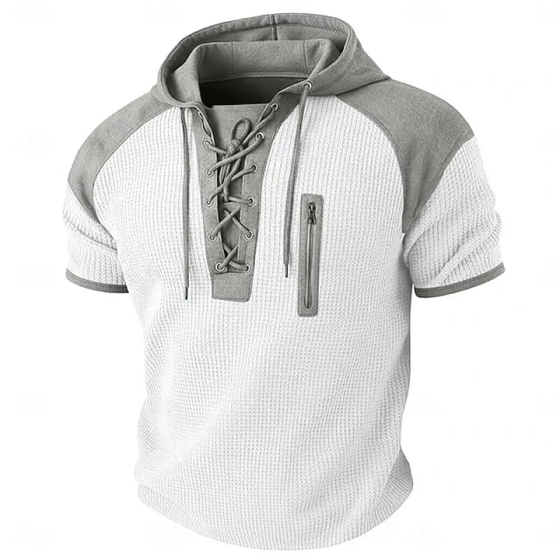 Summer Men's Hooded T-Shirts Patchwork Short Sleeve Vintage Drawstring Hooded Neck Pull On Tshirt Male Streetwear Casual Tops