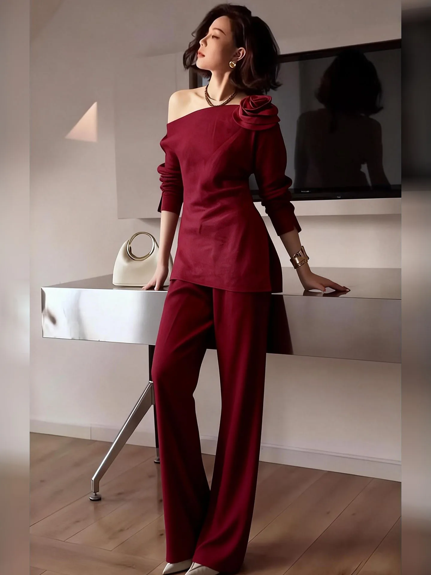 

Ele Red Cotton Linen Set oulder Bared Wide Leg Pants Two Piece Suite Casual Sle Spring Collection High End Faion