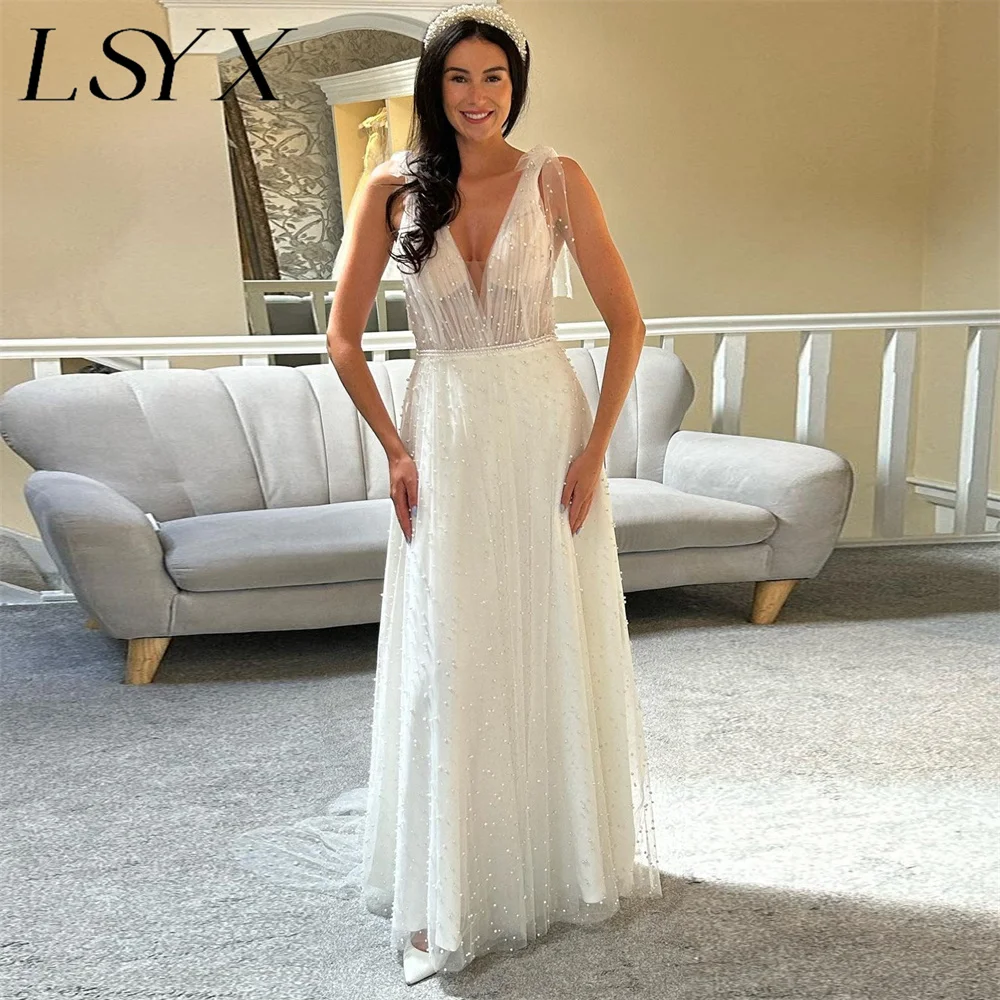 LSYX vestido de novia de sirena con cuentas de tul sin mangas con cuello en V profundo para mujer, espalda abierta, tren de corte, vestido de novia hecho a medida