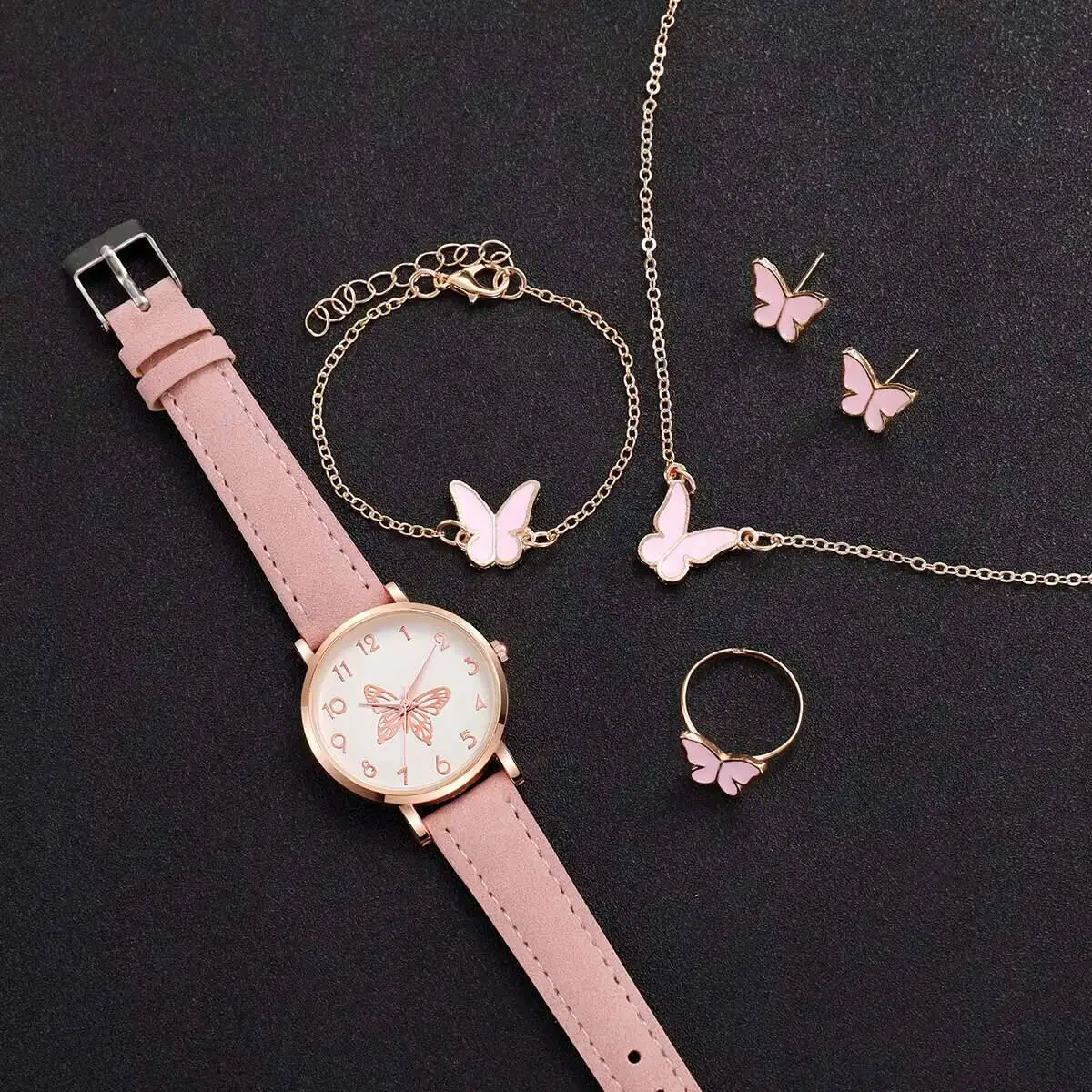 6PCS/Set Fashion Butterfly Dial Women Quartz Watch Simple Leather Strap Wrist Watches Jewelry Set Reloj Mujer（Without Box）
