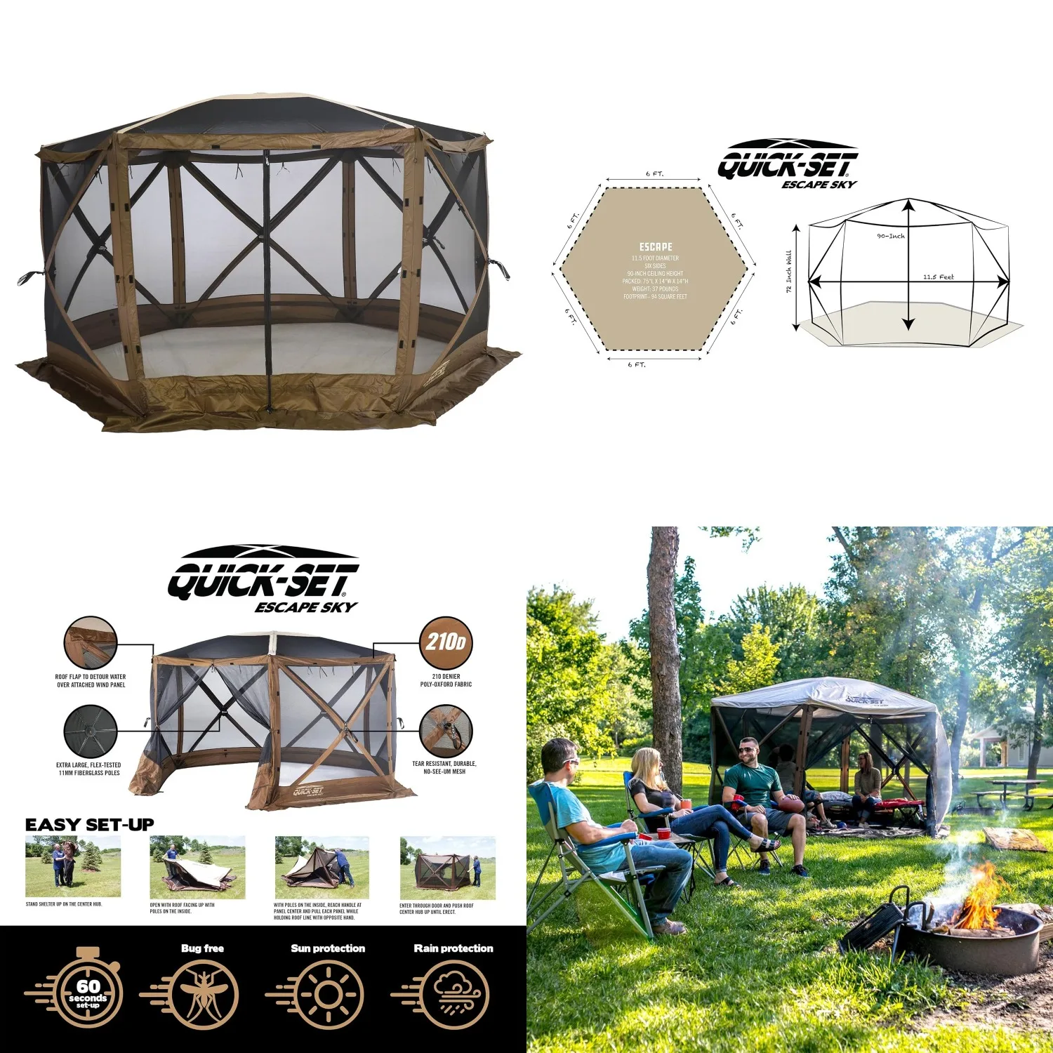 

Быстросборный шатер-тент Quick-Set Escape Sky Camper 11.5' x 11.5' для улицы, мгновенная установка, 6-сторонний навес с экраном и основанием, настраиваемый