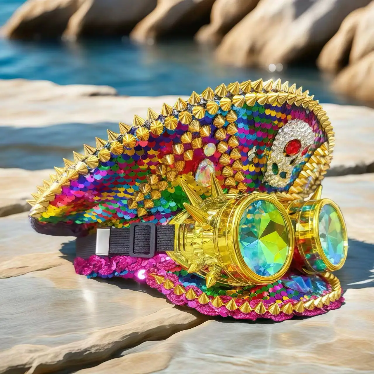 ホンルアン ゴールデンゴーグル キャプテンハット ラインストーン付き 音楽祭 女性用 カーニバルコスチュームハット＆コスプレ 女性用アクセサリー