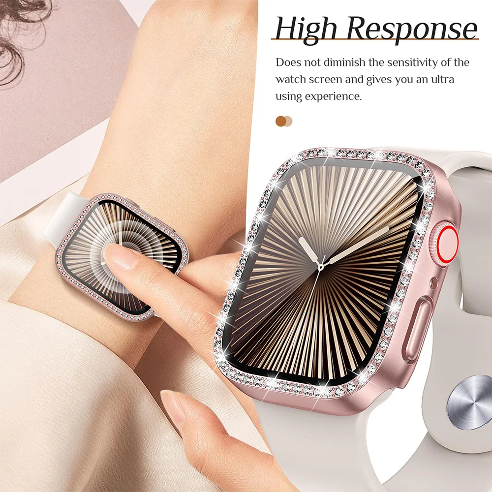 الماس حالة + الزجاج لسلسلة ساعات أبل 11 10 9 8 7 6 5 4 46 مللي متر 42 مللي متر 44 مللي متر-40-41-45 مللي متر بلينغ الوفير حامي الشاشة اكسسوارات #2