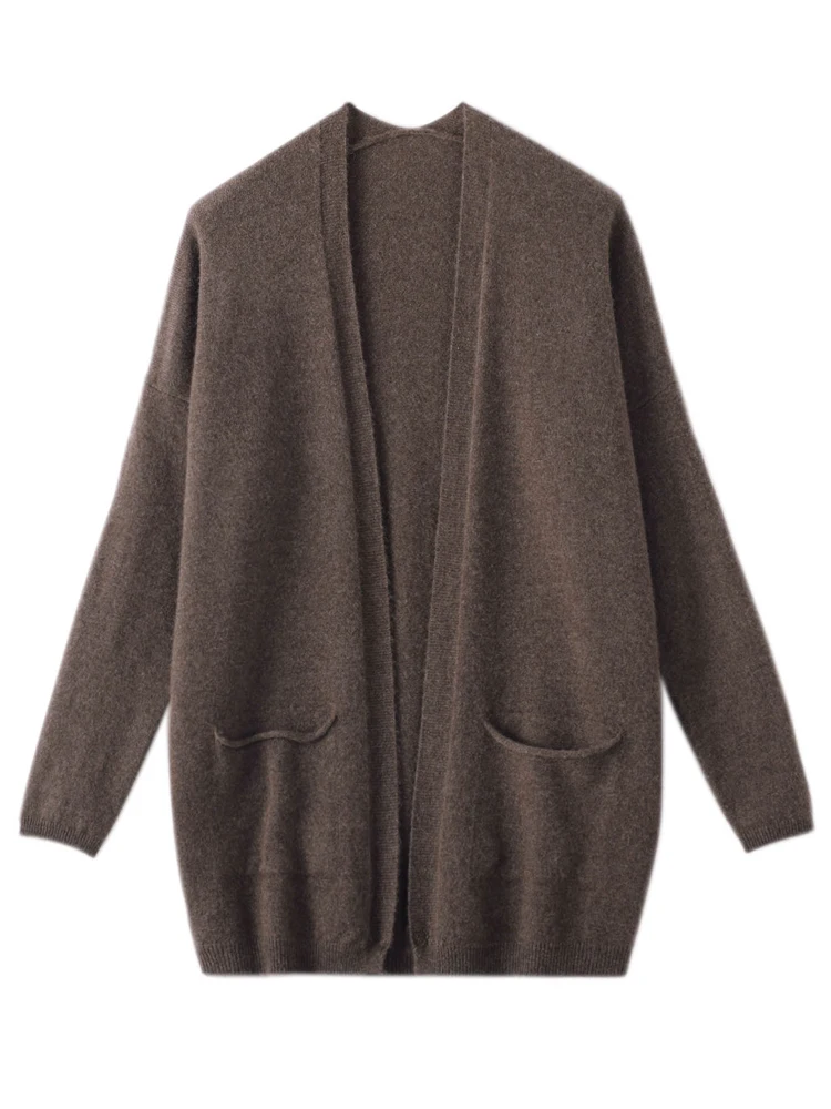 Autumn Winter Womens Casual Grace Cardigan Sweater 100% Merino Wool Solid Pocket Cashmere Knitwear Jumpers Korean Fashion 2023