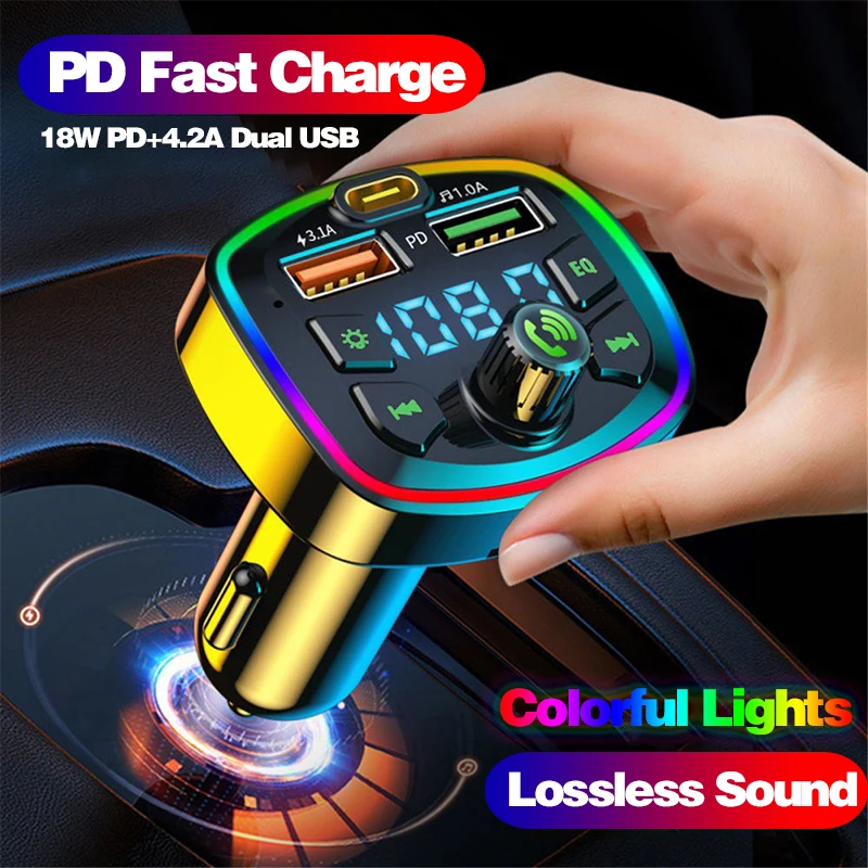 Car Bluetooth Cigar Lighter Radio FM Transmitter PD 18W Type-C Dual USB 3.1A Colorful Ambient Light Charger MP3 Music Player