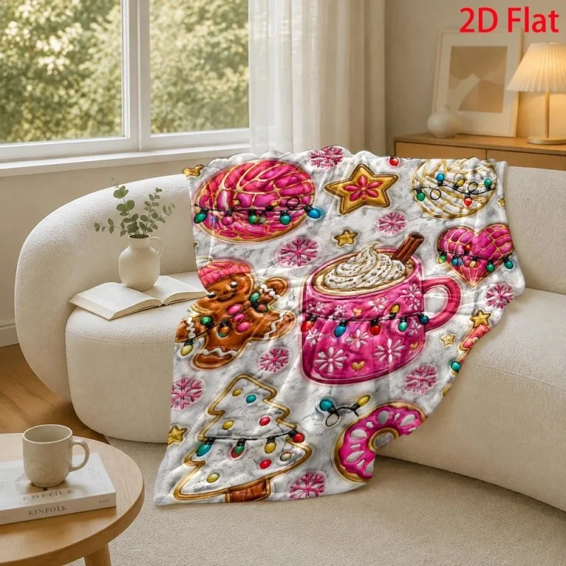Gingerbread Hot Cocoa Mug Print Throw Blanket, Xmas Cookie Donut Festive Season Decor Throw Blanket