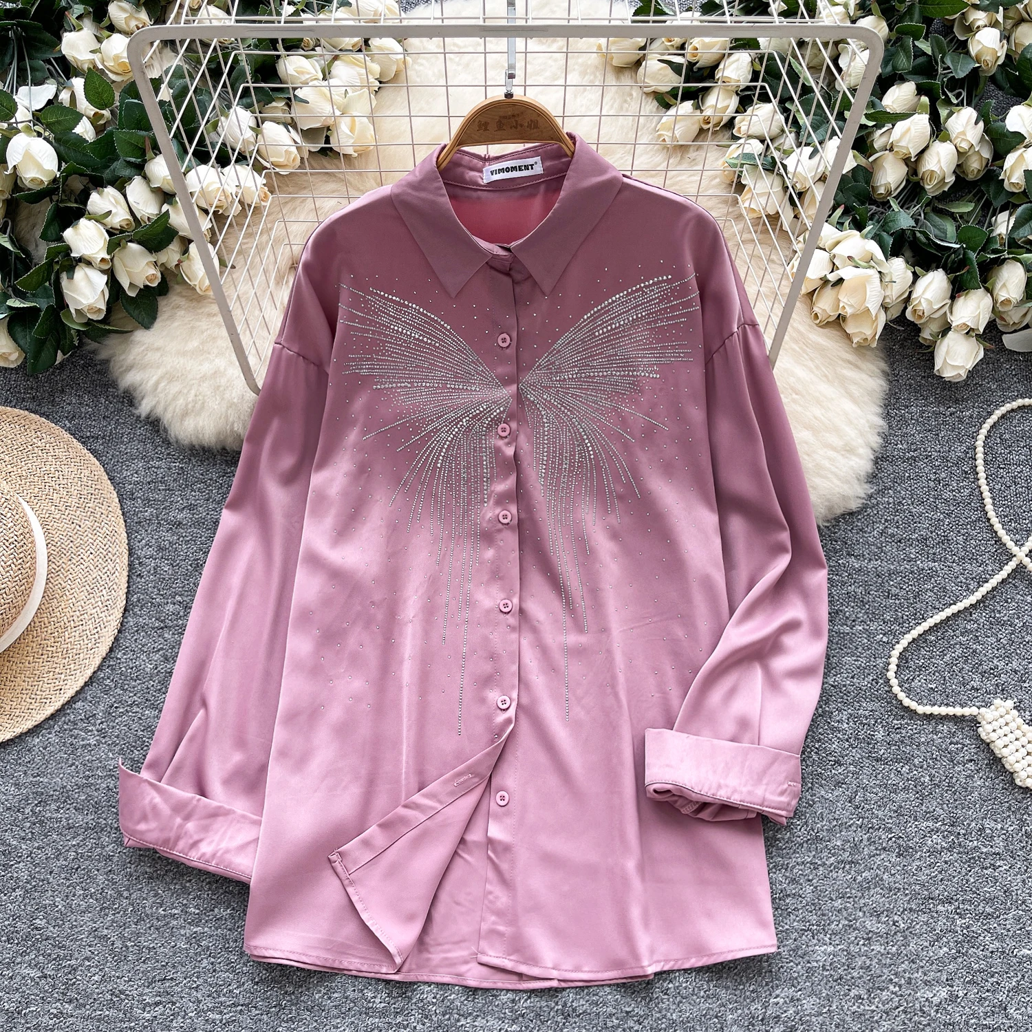 

Elegant satin button Spliced long sleeve Top Women Korean Fashion High Street Autumn Clothing