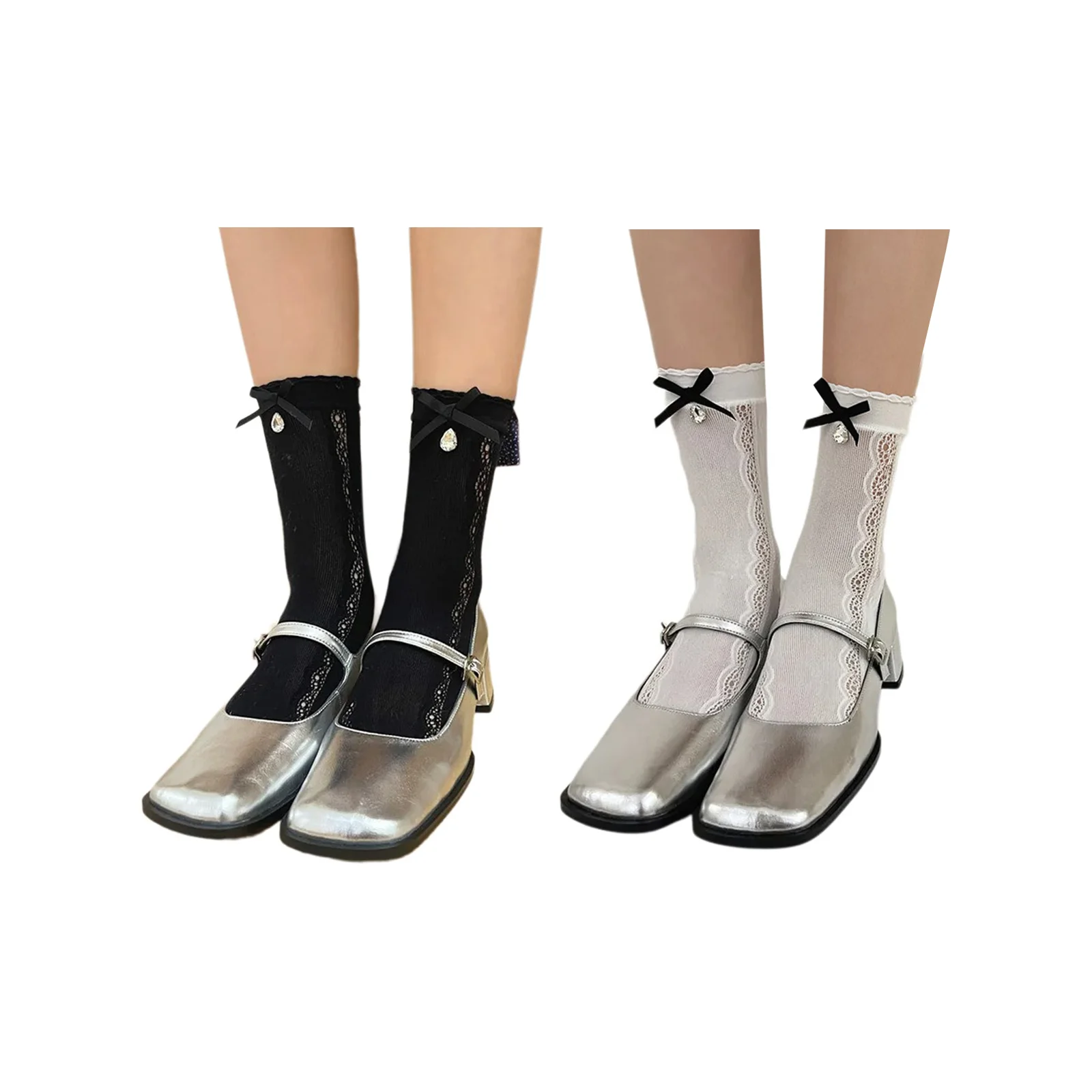 

Bow-knot sparkling diamond lace mid-calf girl's stockings black and white combination