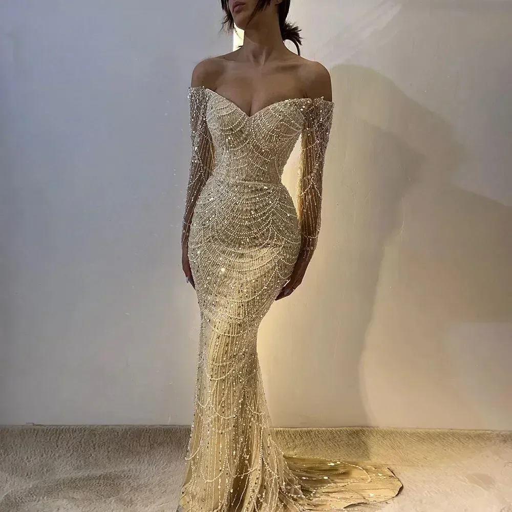 SERENE HILL Arabic Luxury Beaded Pearls Nude Mermaid Evening Dress 2025 Sexy Off Shoulder Women Wedding Party Gown CLA72243