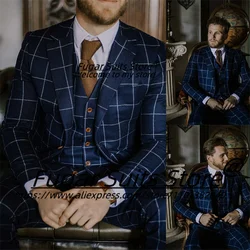 Elegant Office Work Navy Blue Plaid 3 Pieces Sets Slim Fit Notched Lapel Groom Formal Tuxedos Classic Male Blazers Costume Homme