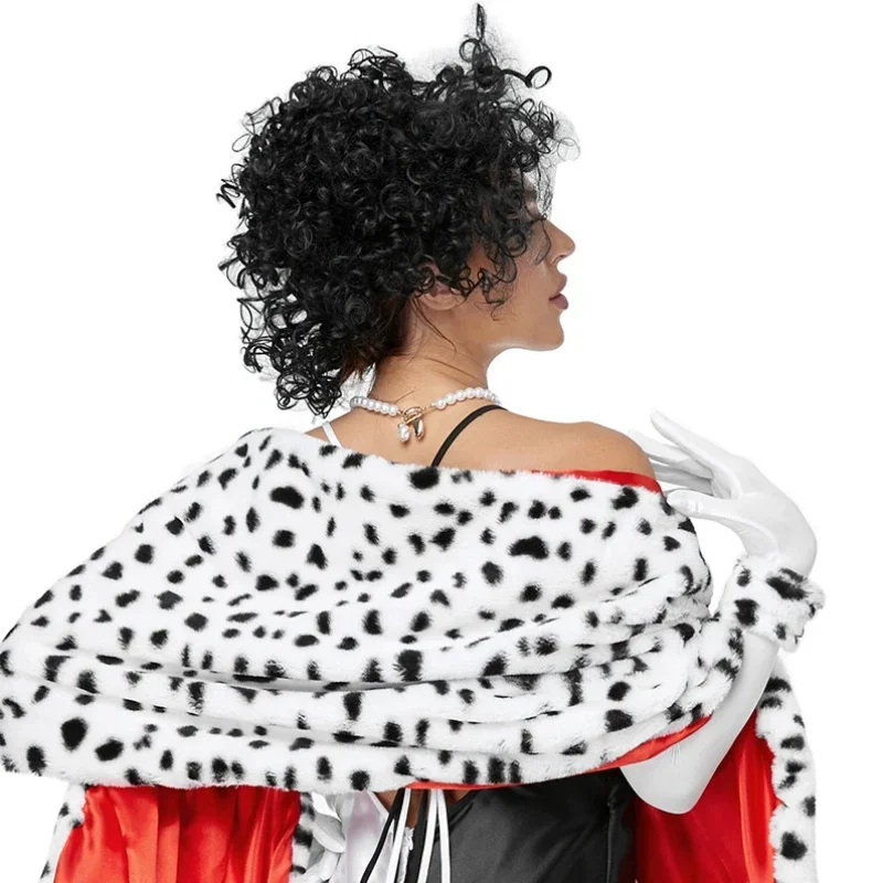 Halloween Spotted Dog Leopard Print Shawl Cruella Scarf Cape Black and White Witch Cape Wig