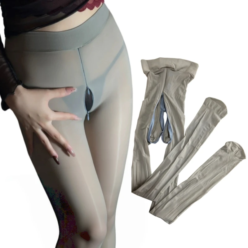 Large Size 8D Horse Oil Shiny Shaping Pantyhose With Double Zippers Women Sexy Open Crotch Tights Hot Pole Dance Clubwear
