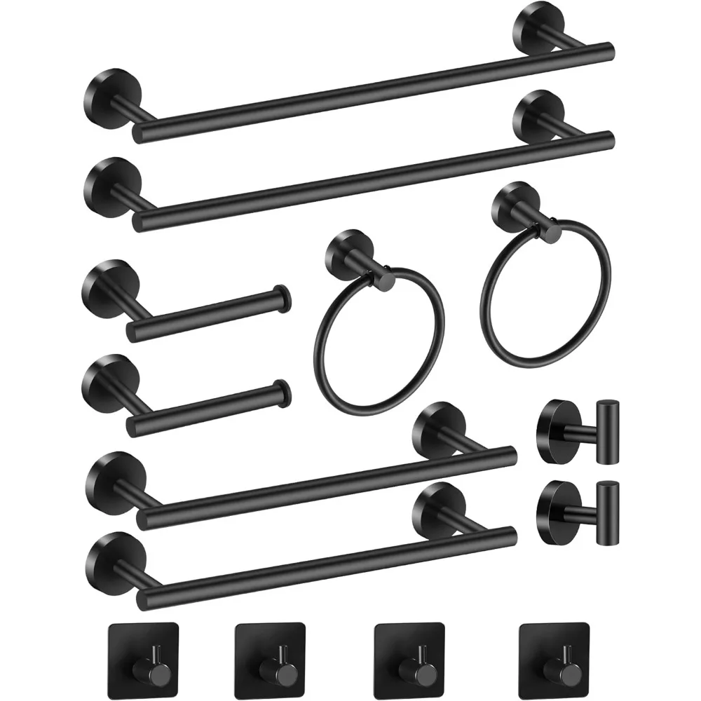 

Black Bathroom Hardware Set 14 Pieces with Towel Bars, Ring, Paper Holder & Hooks for Modern Decor