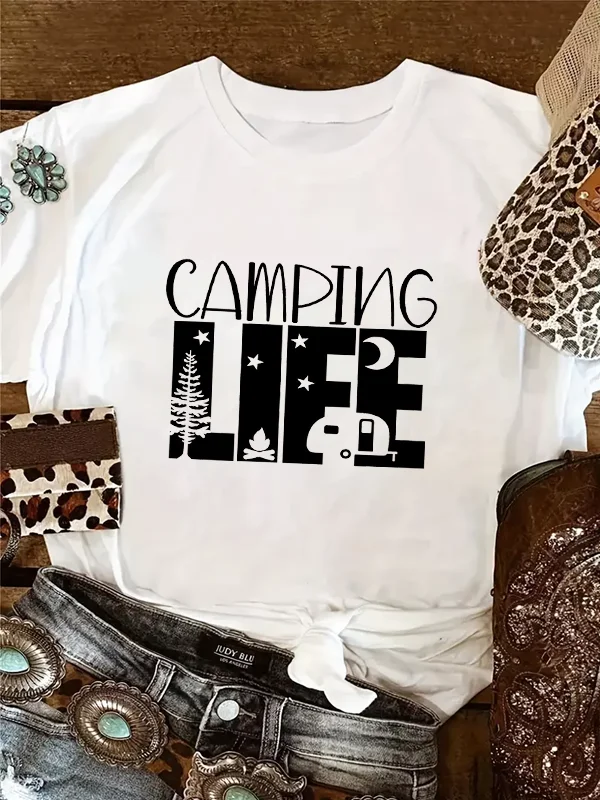 Camping Life Retro Slogan Women T-shirt Bonfire Forest Night Scene Vintage Female Shirt Fashion Campfire Party Casual Girl Tee