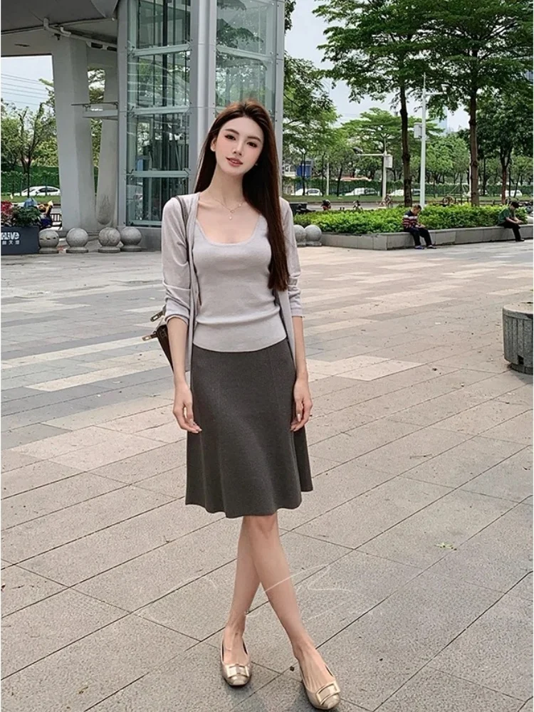 

Chic Grey Cold Tone High Waist Elastic Slimming Women's Knitted Skirt Casual Commute Simple A-Line Skirt for Ladies