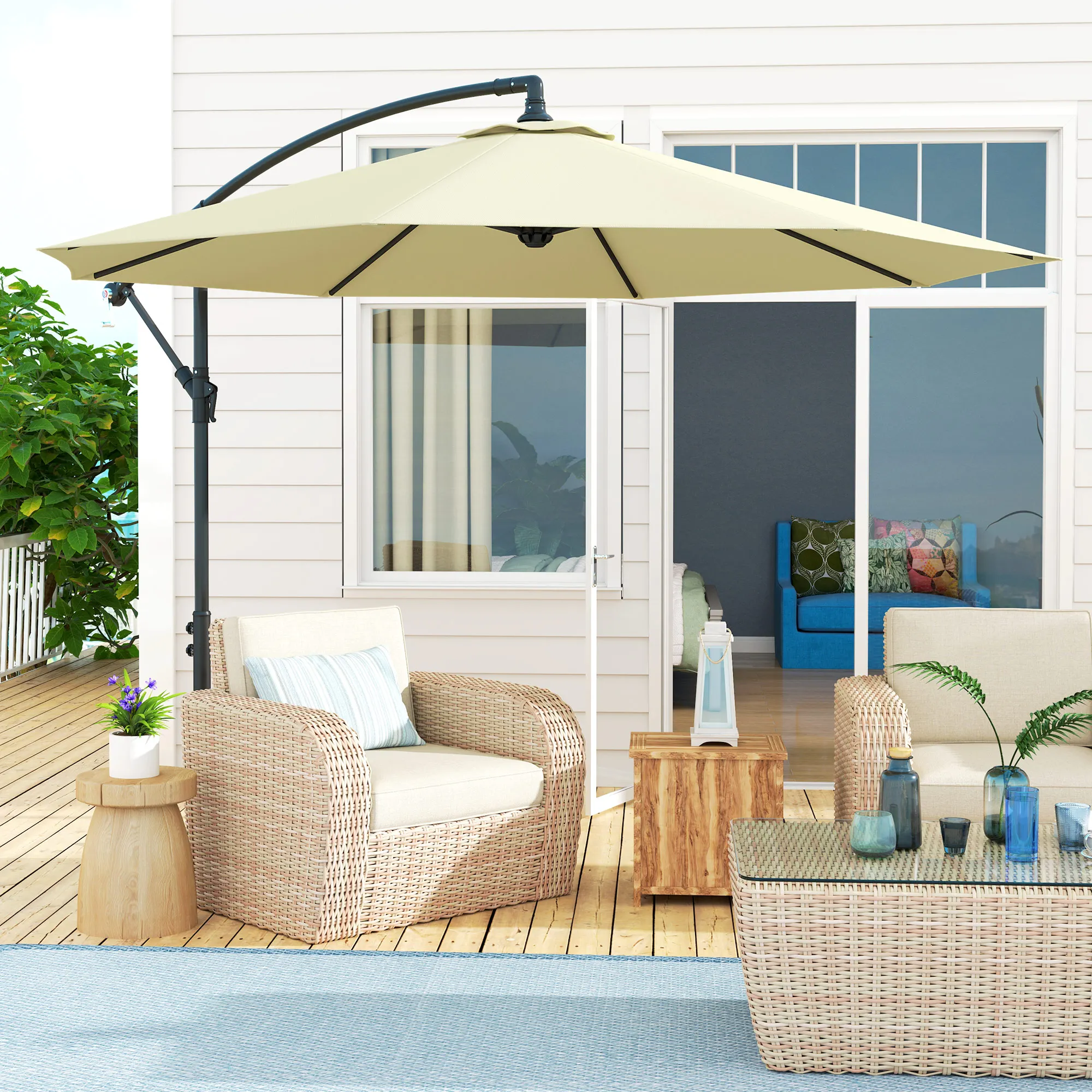 10' Cantilever Hanging Tilt Offset Patio Umbrella with Uv & Water Resistant Material and Cross Base (Weight Not Included), Beige