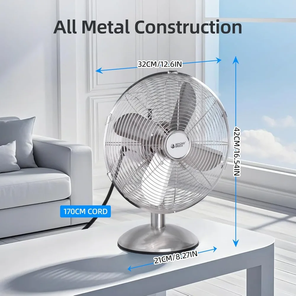 مروحة طاولة ريترو مقاس 12 بوصة، مروحة مكتب معدنية بالكامل مع 3 سرعات قابلة للتعديل و80 °   تذبذب واسع، مثالي لغرفة النوم والمكتب