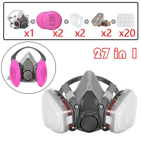 27in1 6200 Half Face Dust Gas Mask Respirator For Industrial Paint Spray Chemical Organic Vapor With Filters Protection