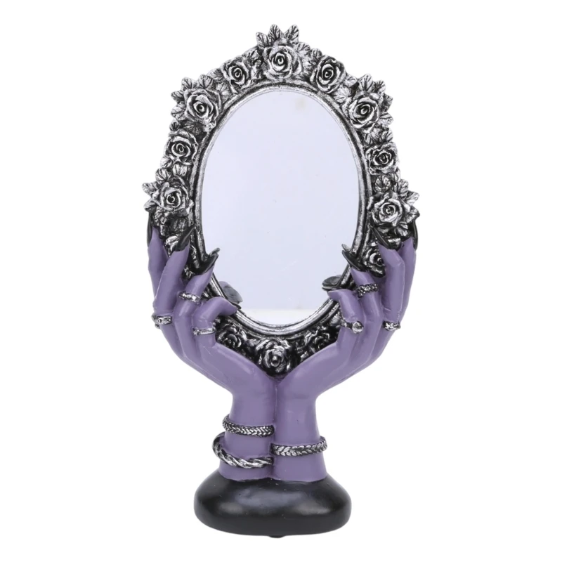H8WB Gothic Rose Frame Halloween Decorative Makeup Mirror, Resin Witch Hand Desktop Decors for Vanity Shelf, Entryway, and