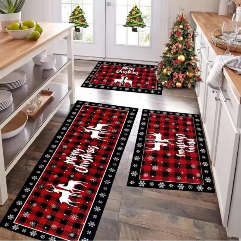 VIKAMA 2/3-teilige karierte Weihnachtsbaum-Bodenmatte, Heimdekoration, Küche, saugfähige und rutschfeste Matte, Urlaubsdekoration