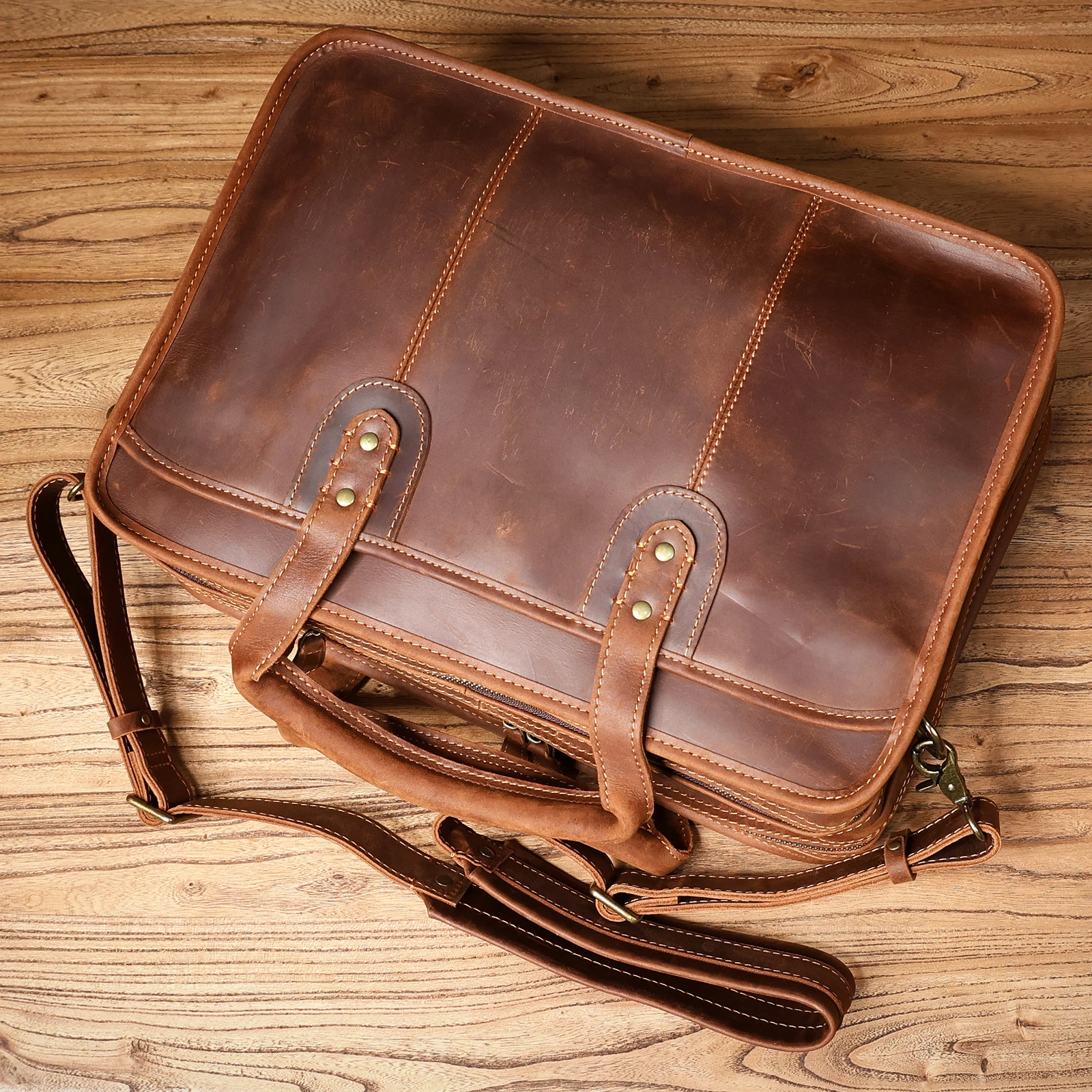 S.WORKER Neues Design Vintage Echtleder Herren-Aktentasche Laptop-Tasche Große Kapazität Rindsleder Business-Tragetasche Handtasche für Männer – Detail 13