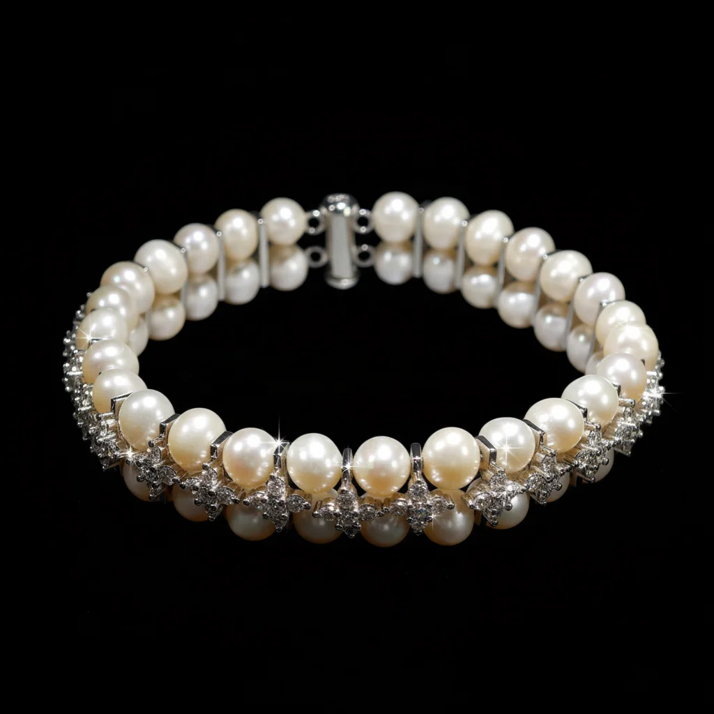 

Fine Jewelry Bling 925 Sterling Silver 2 Rows 7-8mm 5A Natural Fresh Water Pearl Tennis Bracelet Bangle for Women Bride Wedding