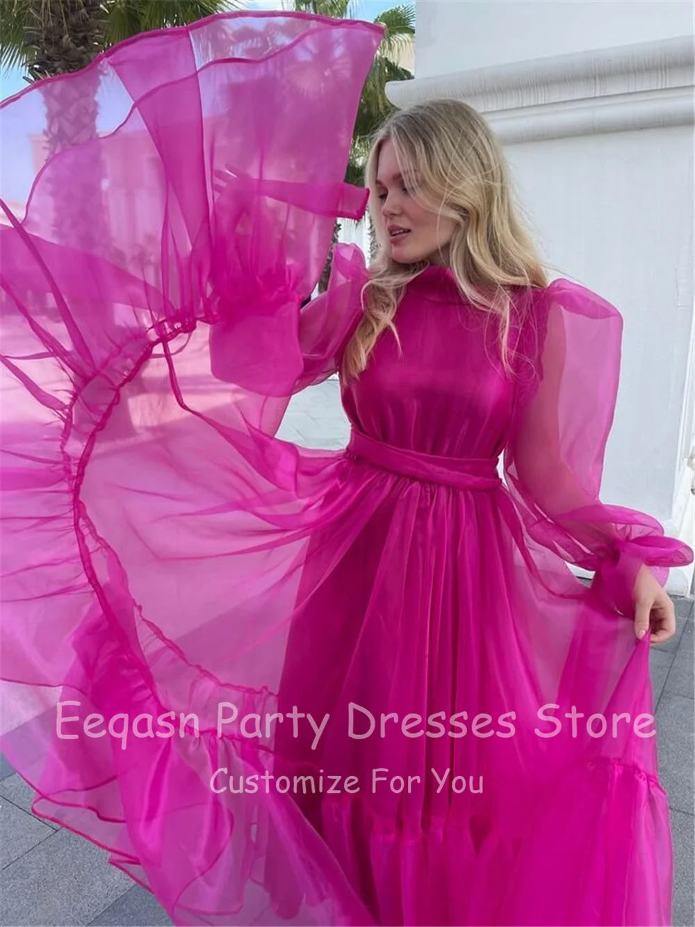 A Line Fuchsia Organza Evening Dresses High Neck Prom Party Dress Tiered Long Sleeves Women Gowns Formal Wedding Party Dress