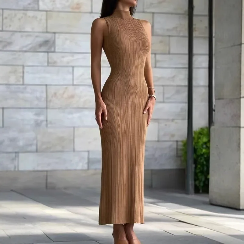 

New Sexy Long Dress for Women Autumn Black Solid Turtleneck Sleeveless Sheath Dress Club Elegant Bodycon Party Dresses Платье