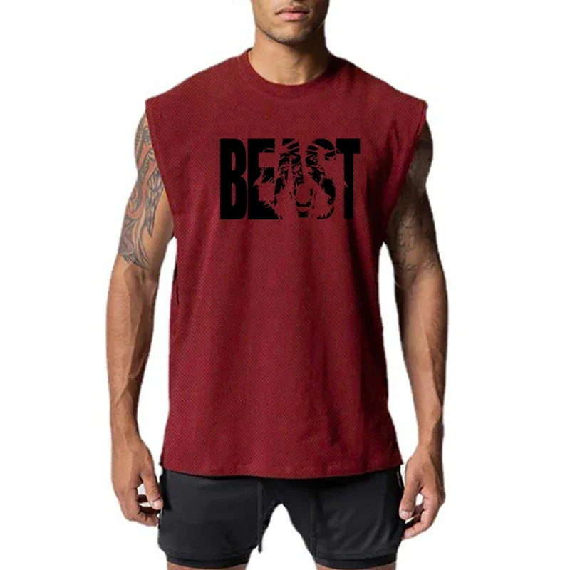 Gym Tank Top Mens BEAST Letter Printed Open Side Cut Off Quick Dry Shirts Bodybuilding Clothing Fitness Workout Muscle Vests
