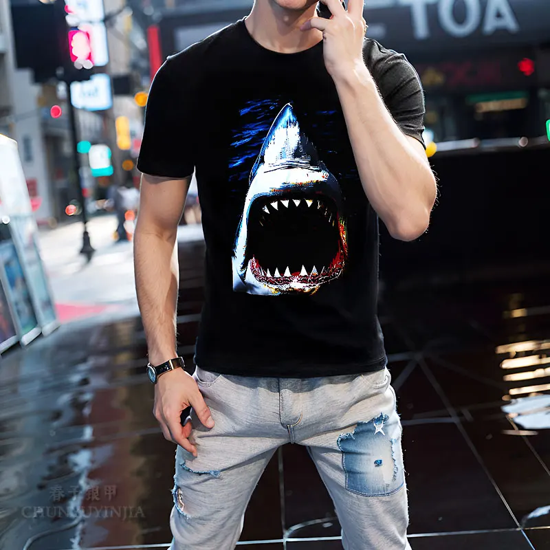 

Chun yu yin jia Fashion High Street Designer Shark Pattern 3D Printing Short-Sleeved T-Shirt Black for men tee