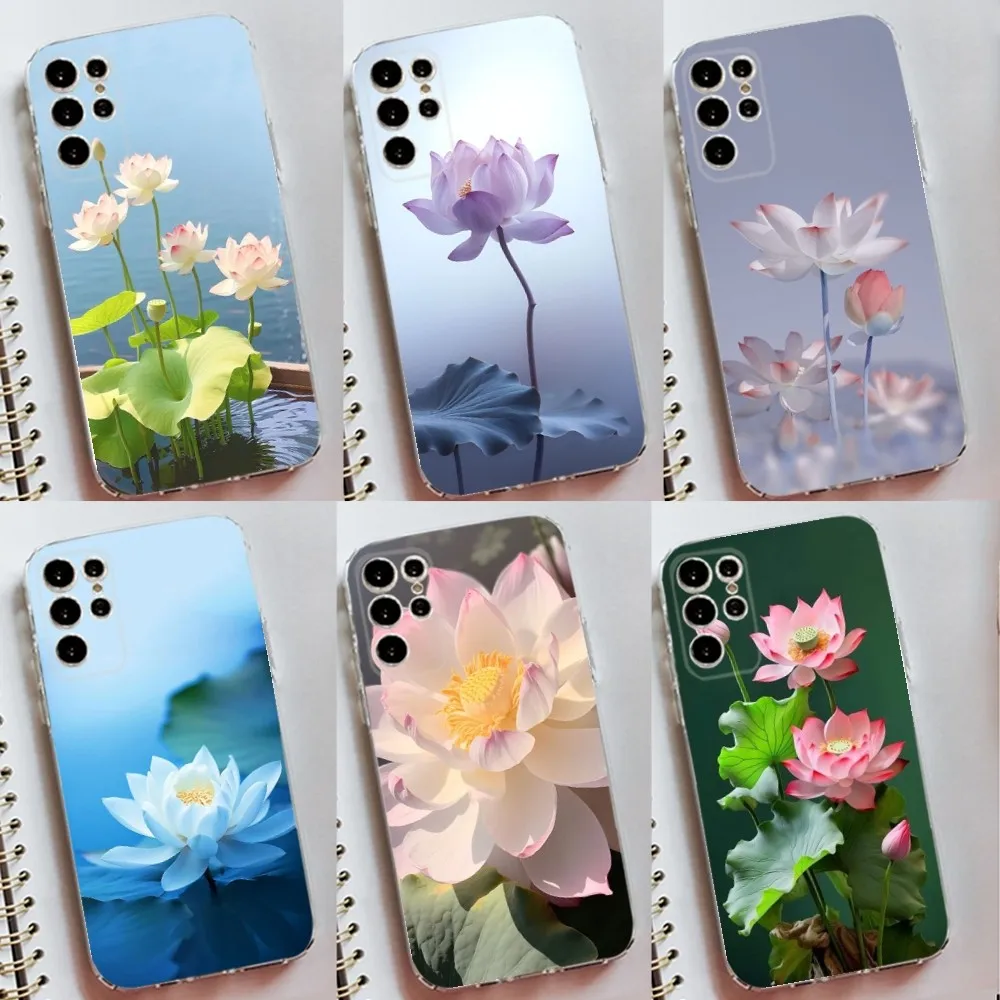 

Lotus Blue White Flowers Phone Case Silicone Case For Samsung S30,S23,S21,S22,S20 Ultra,S20 FE lite,S10,S9,S8 PIus Cover Clear