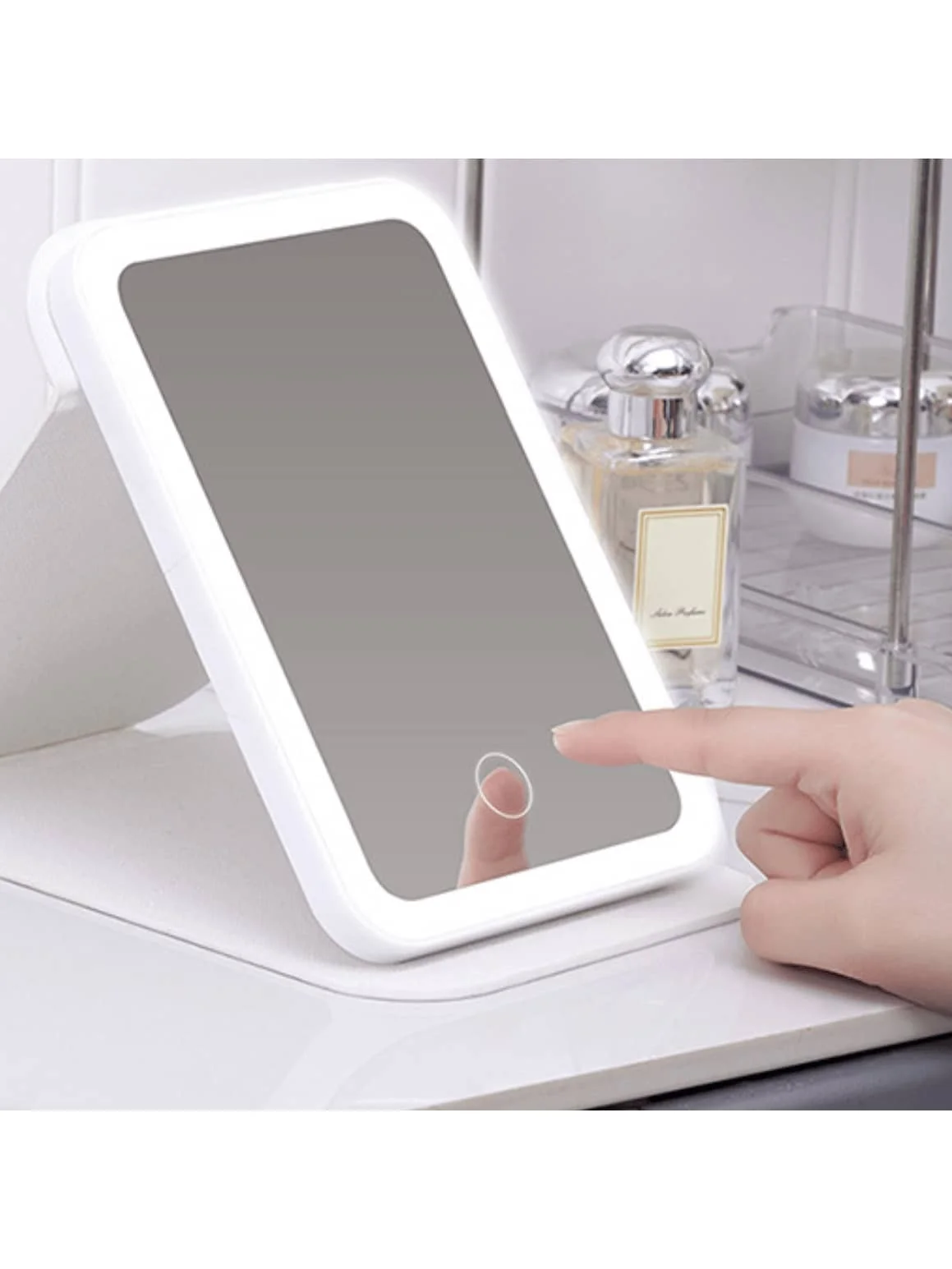 1Pc Travel Makeup Mirror,Portable LED Lighted Makeup Mirror, Touch Screen Vanity Mirror, 3-Color Dimmable Lighting, Rechargeable