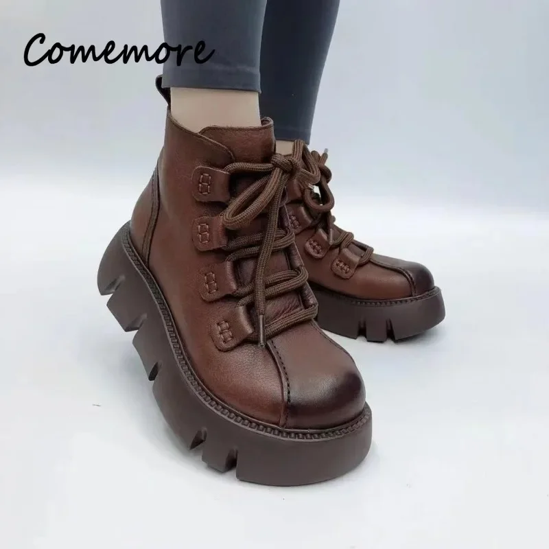 Comemore Platform Heel Round Toe Winter Shoes Woman Ankle Fashion Short Boot Retro 2023 Women\'s New Lace Up Elegant Women Boots