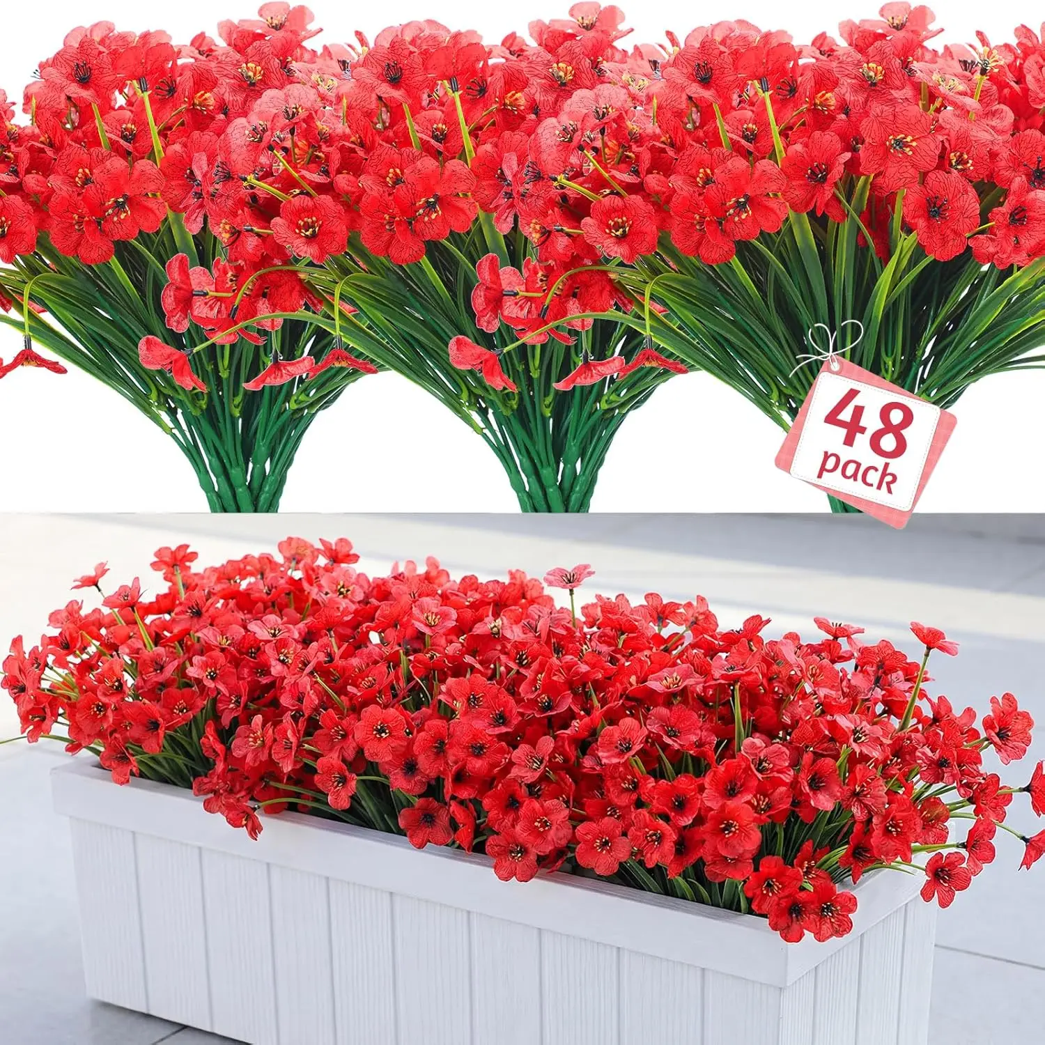

48 Bundles Red Artificial Flowers Outdoor Faux Flowers UV Resistant Fake Plastic Plants No Fade Deep Red Greenery Shrubs