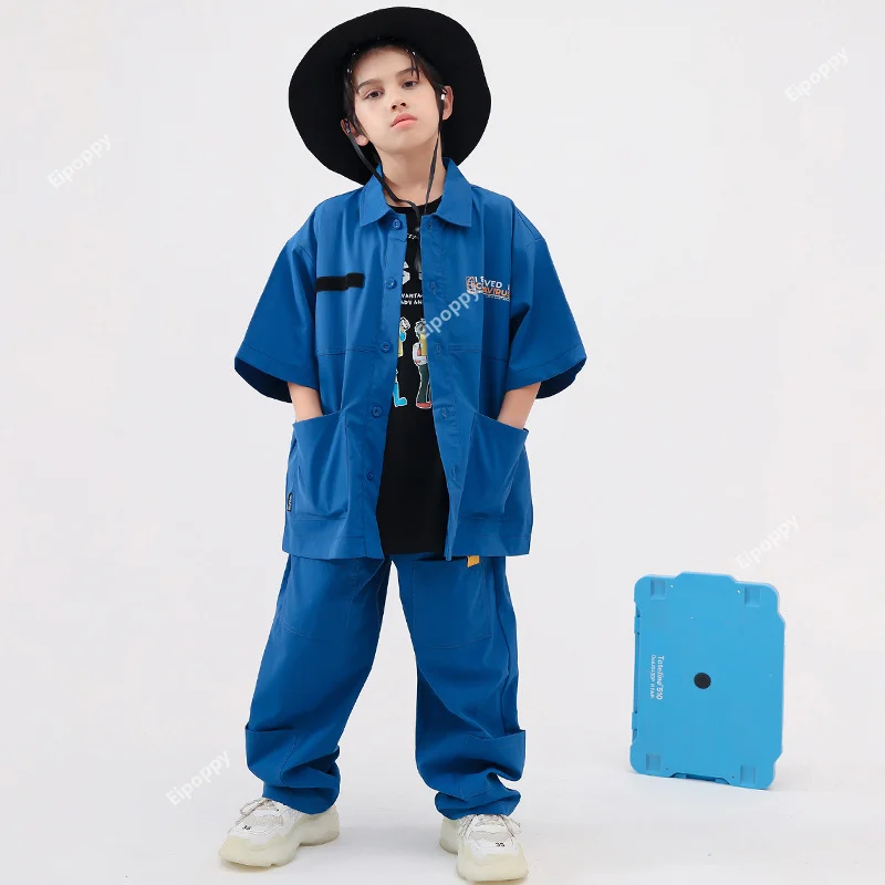 Boy Hip Hop Short Sleeved Loose Shirt Street Dance Cargo Pants Clothes Sets Girls Jazz Blouse Children Streetwear Kids Costumes