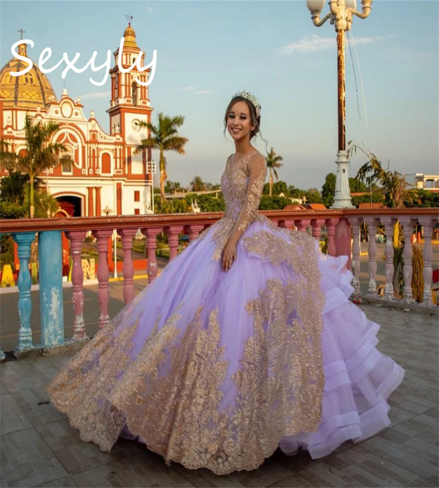 Luxury Charro Quinceanera Dresses Lilac Fluffy Gold Lace Vestidos De 15 Anos Princecss Long Sleeve Birthday Party Customized