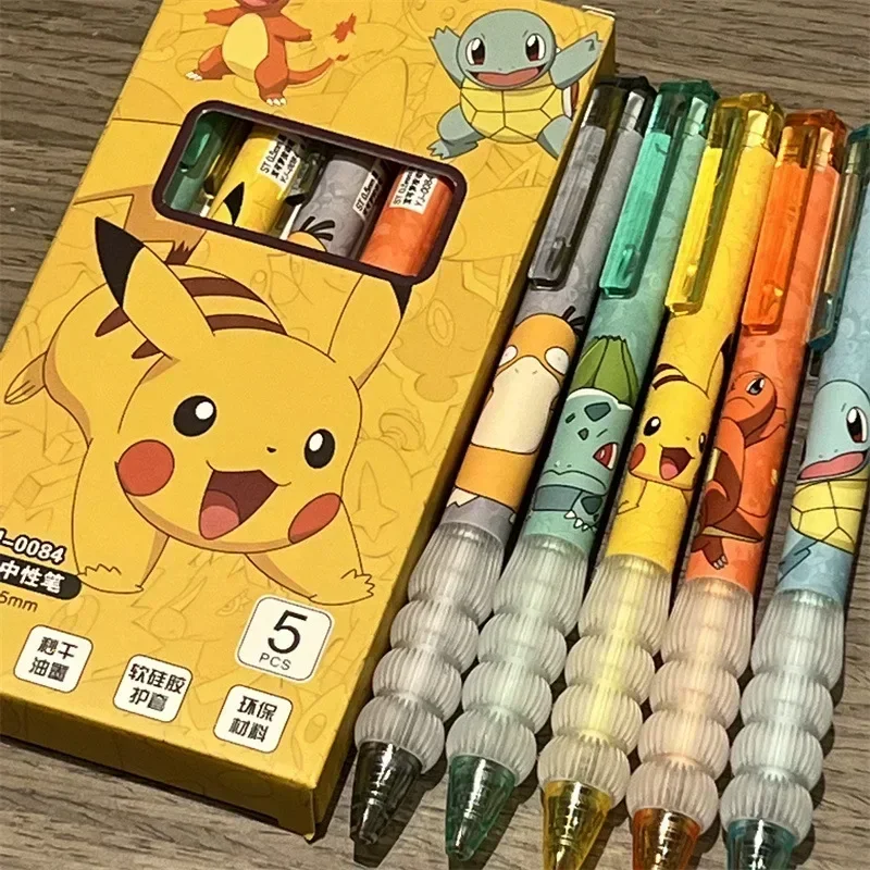 5pcs Pokemon Pikachu Gel Pen Cute Anime Cartoon Charmander Squirtle Press on Gel Pen Stationery School Supplies Holiday Gifts