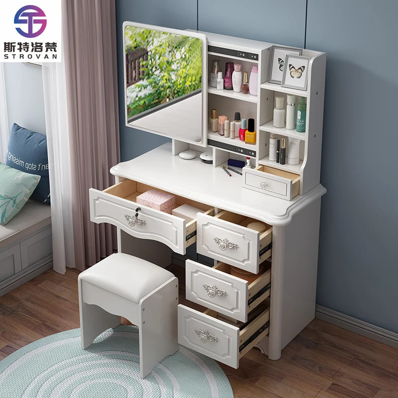 

Modern White Dressing Table Set LED Lighted Mirror and Foldable Stool Wood Panel Style for Hotel Bedroom Use