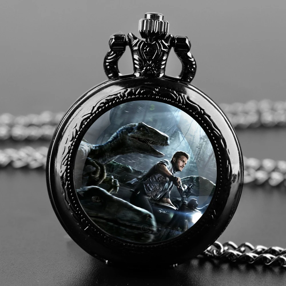 Dino-Themed World Glass Dome Quartz Pocket Watch: Boasting a Durable Chain and Arabic Numeral Face Top Halloween Gifts for Men