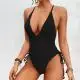 Sexy Deep-V One Piece Swimsuit Pure Color Buckle Women'S Backless Sling Cut Out Bikini High Cut Elastic Slim Beach Swimwear