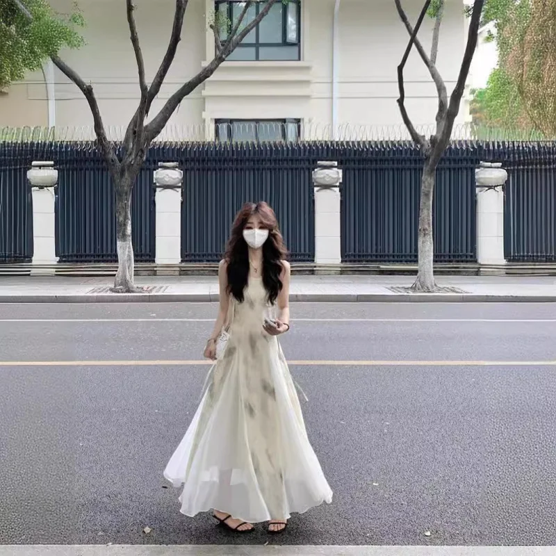 

Новое платье в китайском стиле в стиле ретро с чернилами для женщин, новое летнее лоскутное длинное платье с застежкой на талии и большим подолом