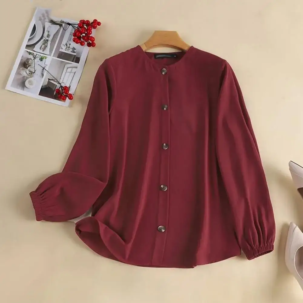 

Lady Office Attire Button Down Round Neck Women's Spring Fall Shirt with Elastic Cuff Mid Length Blouse Soft for Loose