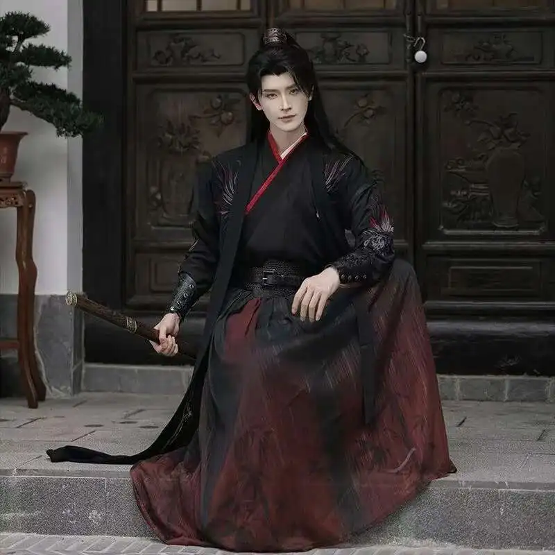 Vestido Hanfu Original negro y rojo para hombre, traje tradicional con cuello cruzado bordado, espadachín nocturno Vintage, ropa de Cosplay de nicho