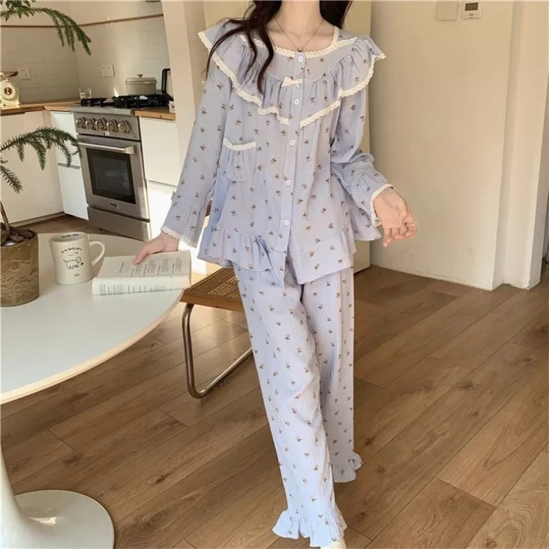 Latest Princess Style Pajama Ladies Autumn Winter Pyjamas Lace Long Sleeve Lace Nightdress Square Collar Floral Home Wear Set