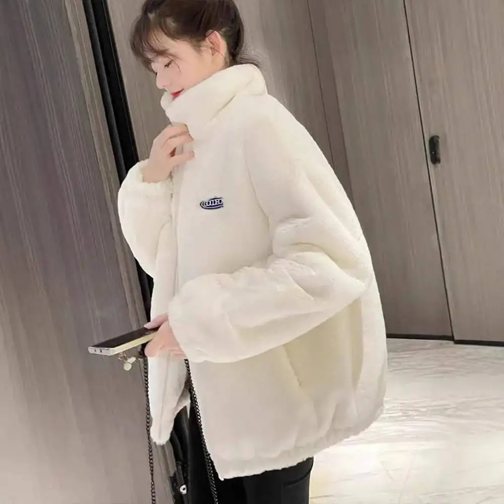 Lamb Fur Jacket Women's Double-Sided Fluffy Thickened Loose Winter Fashion Outerwear Polyester Fiber Stand Collar Full Sleeve