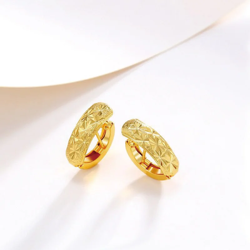 Engraving No Stone Hoop Earrings for Women Fashion Jewelry Pure Gold Color