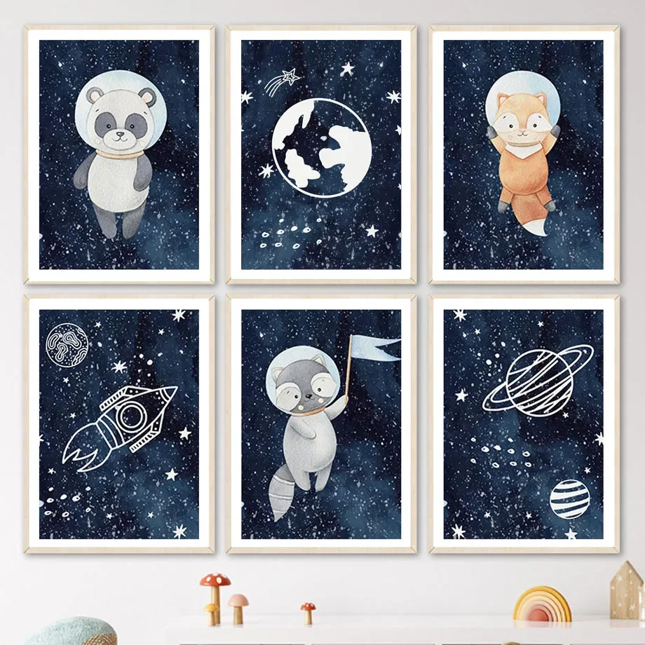 

Space Planet Rocket Astronaut Raccoon Panda Fox Wall Art Canvas Painting Nordic Posters And Prints Wall Pictures Kids Room Decor