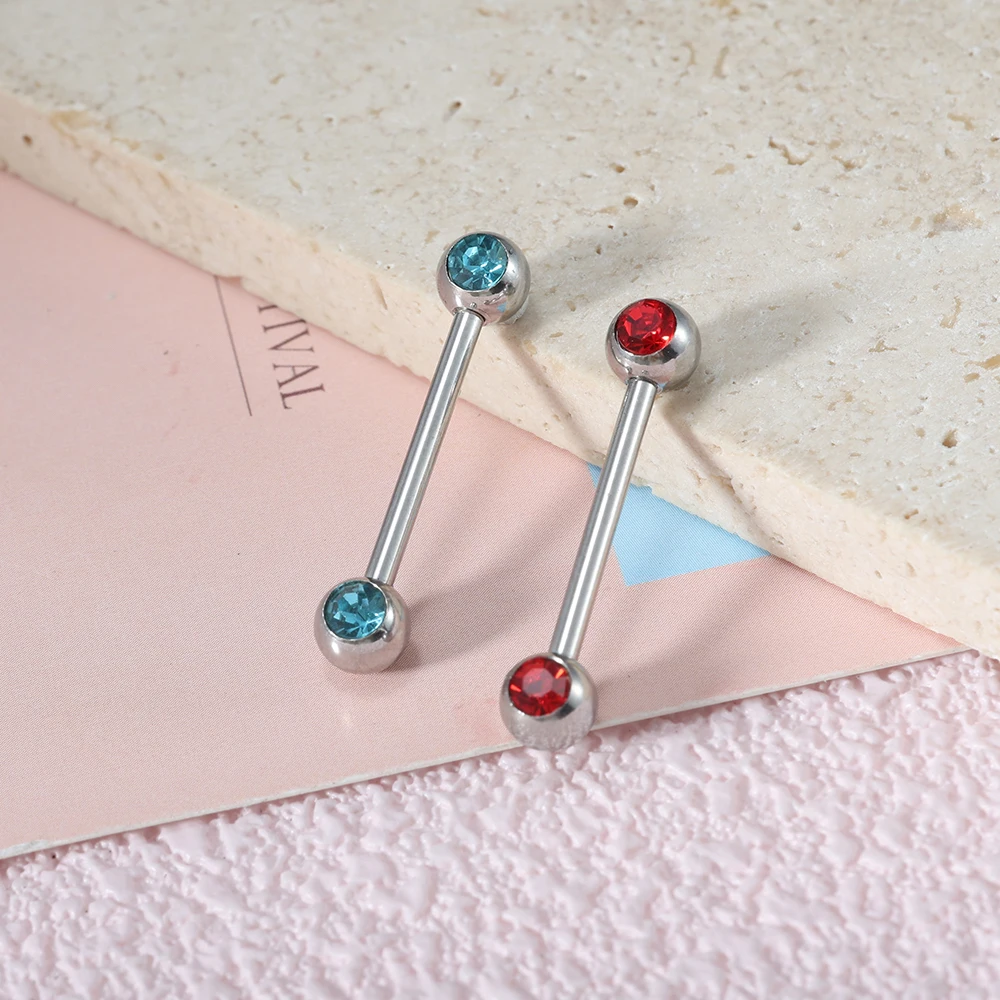 50pcs/lot External Thread Stainless Steel 14G Nipple Piercing Bar Multi Color Zircon Straight Tongue Bar For women man