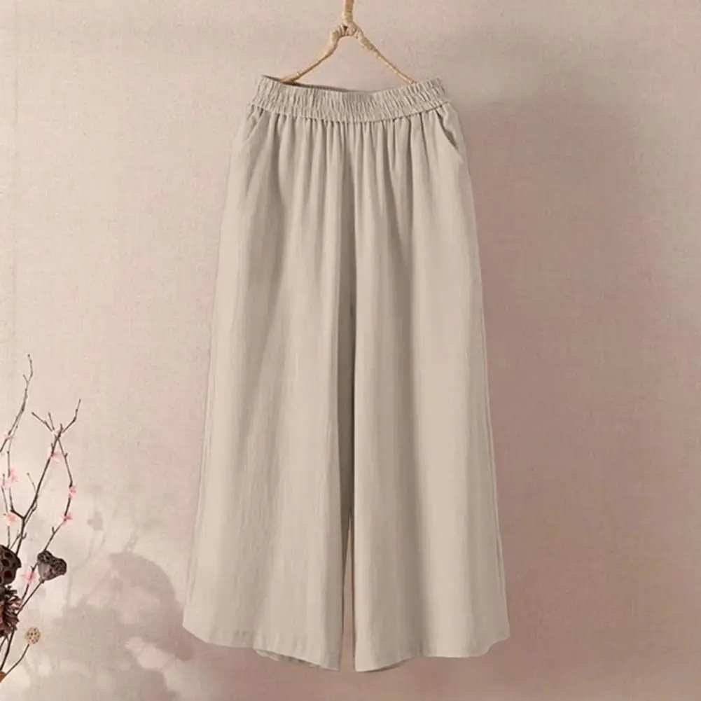 Calça cortada confortável feminina, cintura elástica, perna larga, monocromática, calça casual com bolsos, elegante