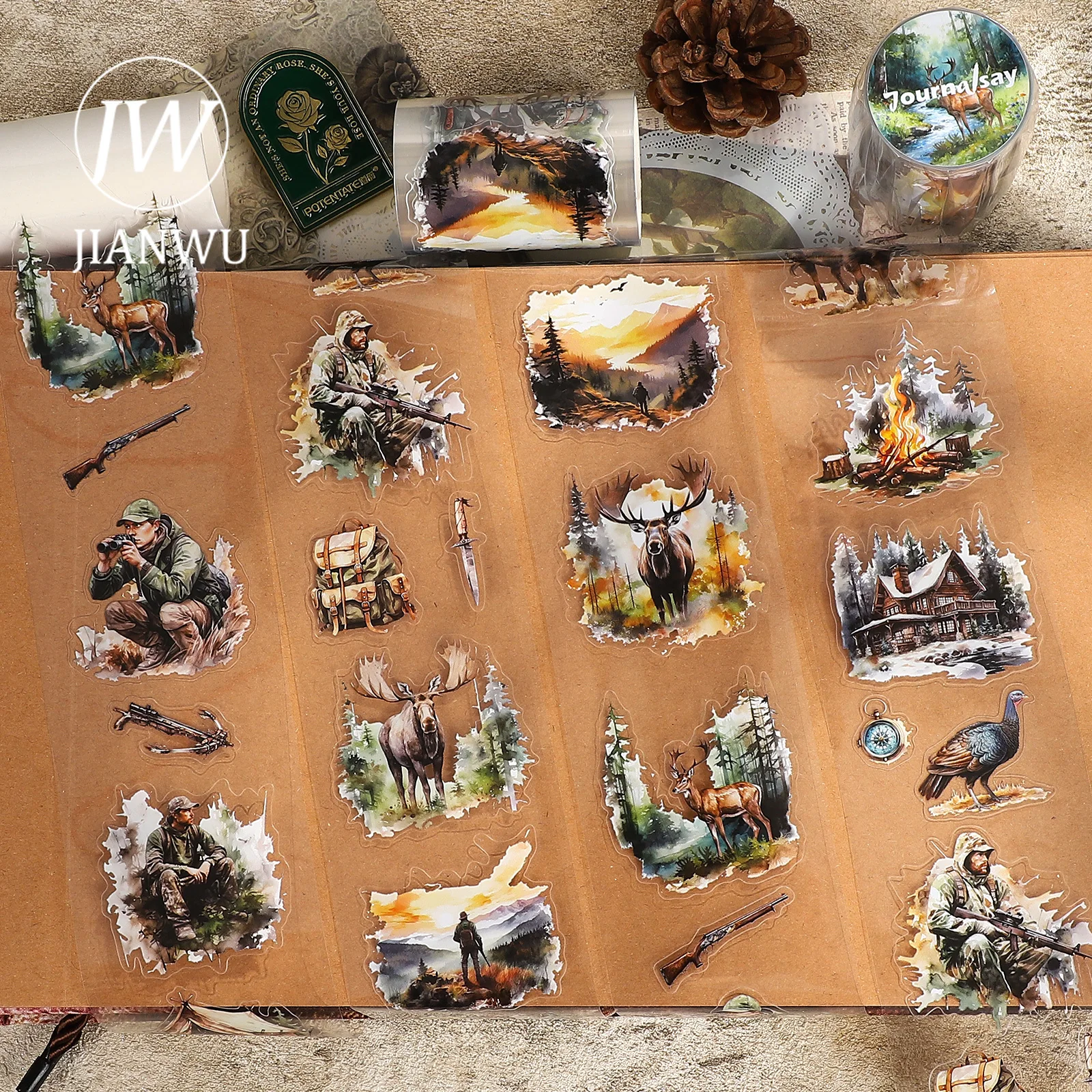

JIANWU 60mm*200cm Vintage Character Animal Hunting Landscape Material Collage Scrapbook PET Tape Creative DIY Journal Stationery